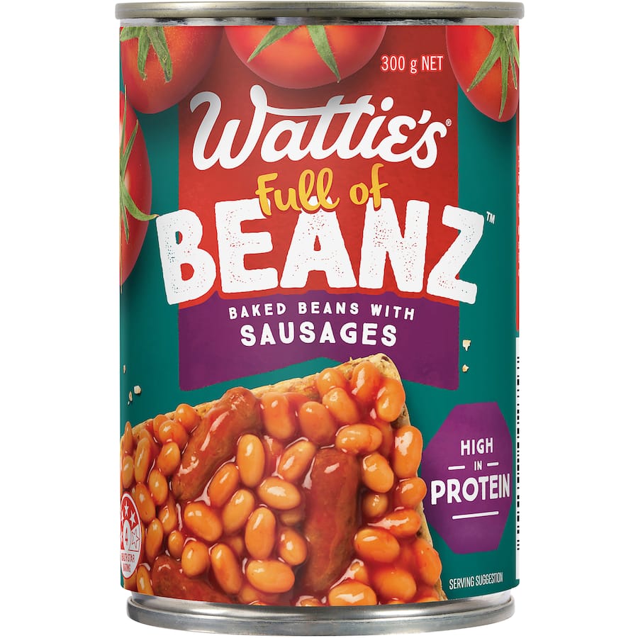 A can of Wattie's Baked Beans & Sausages, featuring hearty beans and savory sausages, high in protein and fiber.