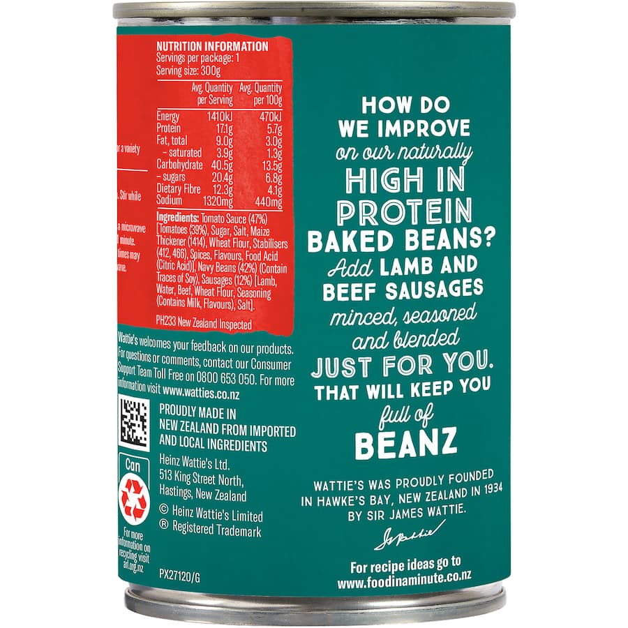 Wattie's Baked Beans & Sausages in a can, featuring hearty beans and savory sausages for a nutritious meal or snack.