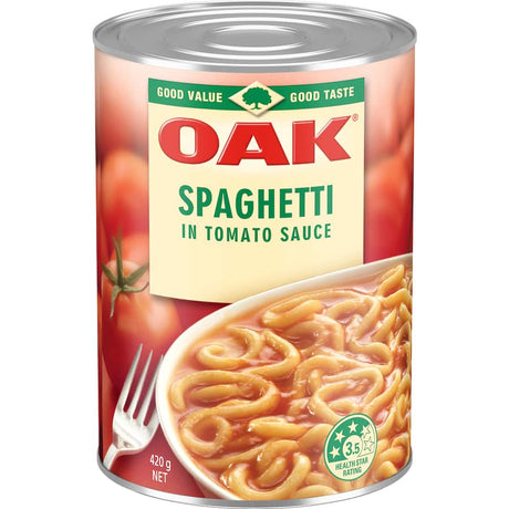 A can of Oak Spaghetti in Tomato Sauce, perfect for quick meals and snacks with a rich tomato flavor and 3.5 health stars.