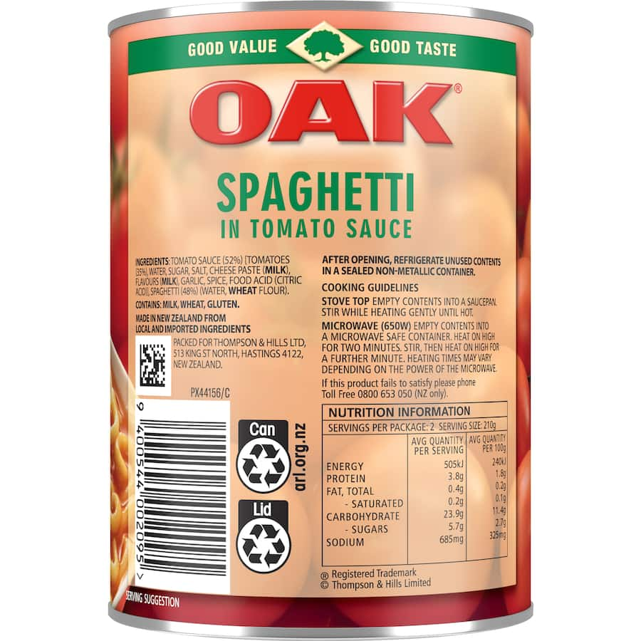 Can of Oak Spaghetti in Tomato Sauce, a quick and versatile meal option with 3.5 health star rating, perfect for busy lifestyles.