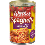 A can of Wattie's Spaghetti with Sausages, a nutritious, 97% fat-free meal option loaded with protein and fiber.