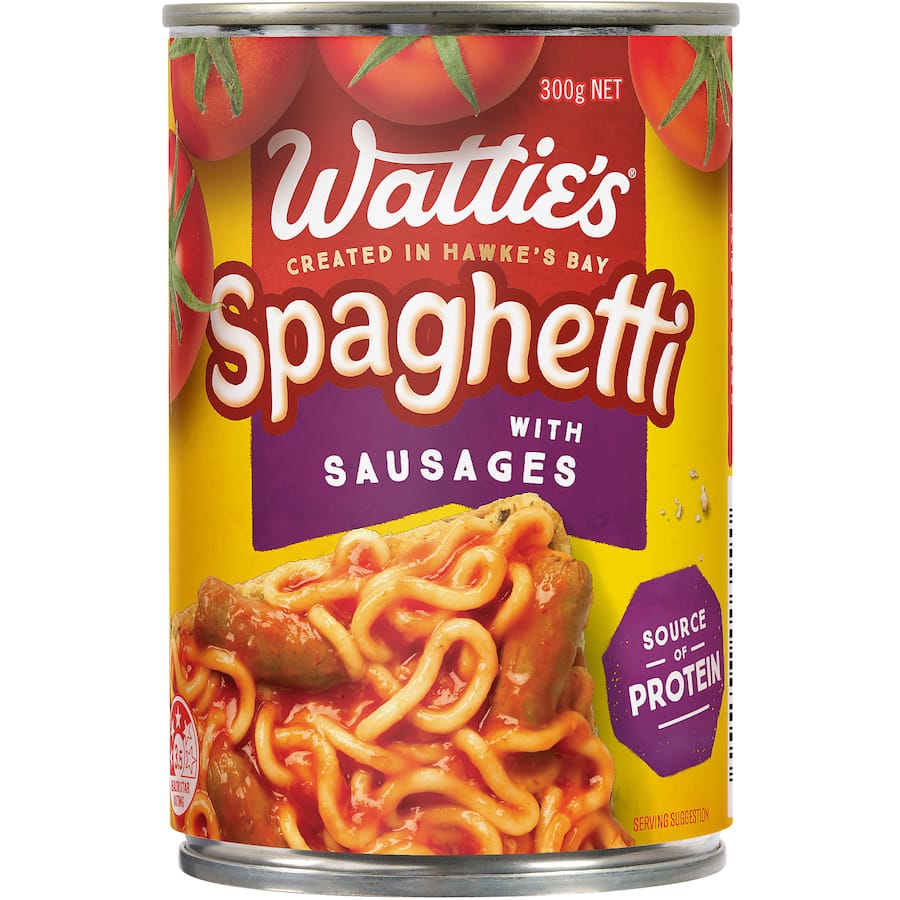 Wattie's Spaghetti with Sausages in a can, offering a hearty, nutritious meal option that's 97% fat-free and protein-rich.