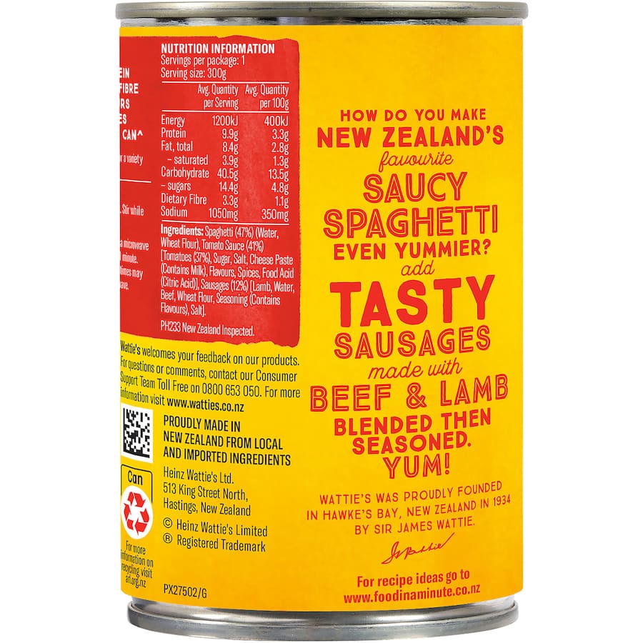 Can of Wattie's Spaghetti with Sausages, a convenient 97% fat-free meal high in protein and fiber, with no preservatives.