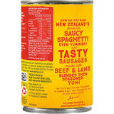 Can of Wattie's Spaghetti with Sausages, a convenient 97% fat-free meal high in protein and fiber, with no preservatives.