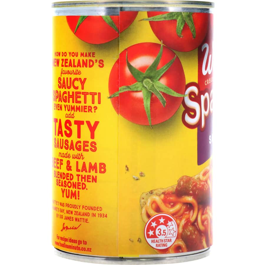 A hearty can of Wattie's Spaghetti with Sausages, perfect for quick meals and packed with protein and fiber.