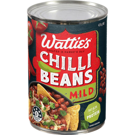 Wattie's Chilli Beans Mild in a can, perfect for flavorful tacos, nachos, and burritos with no preservatives or added colors.