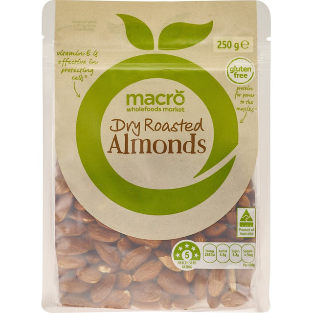 Macro Almonds Dry Roasted: Nutritious, oil-free, and salt-free almonds high in protein, fiber, and Vitamin E for healthy snacking.