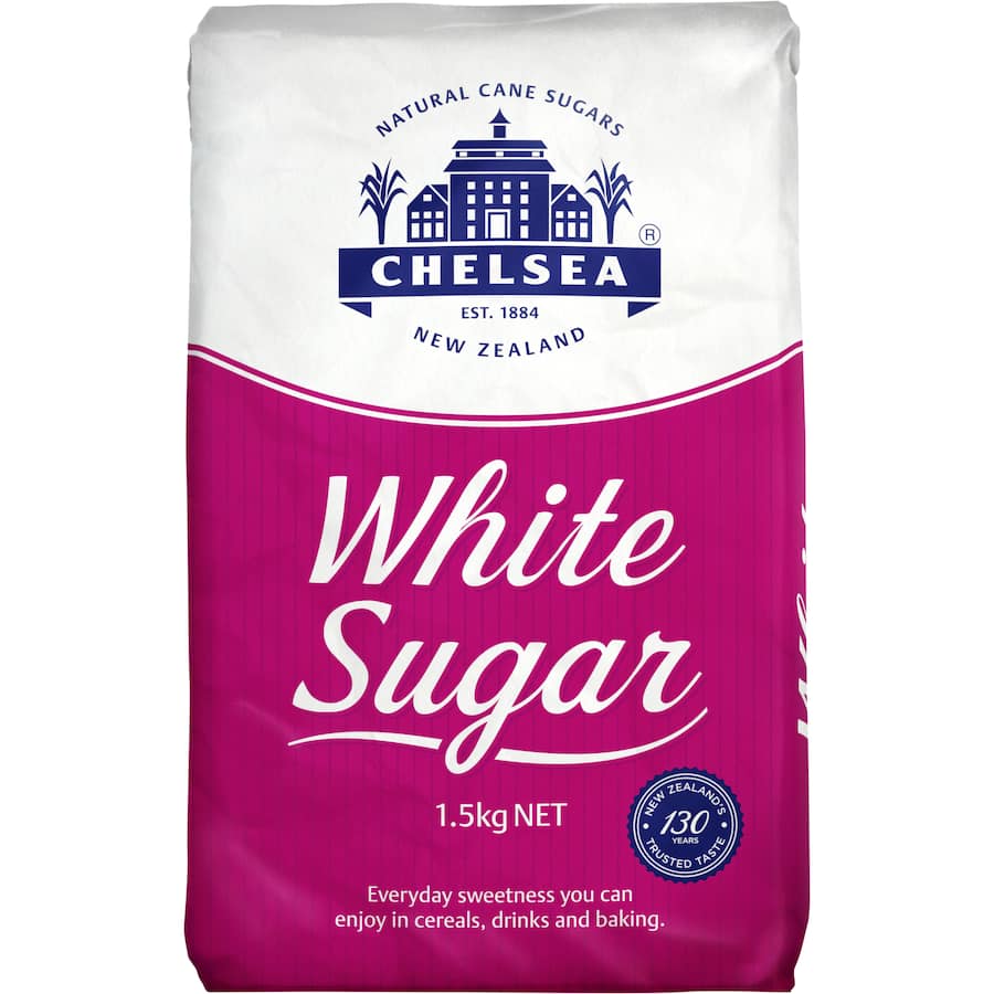 Chelsea White Sugar in a transparent bag, showcasing pure white crystals ideal for baking, cooking, and sweetening beverages.