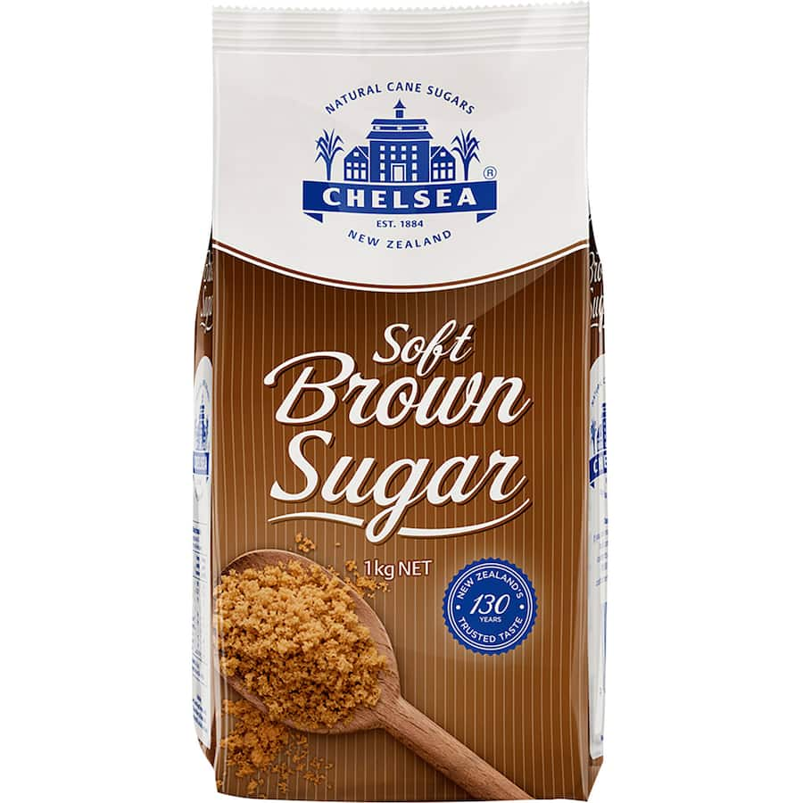 Chelsea Brown Sugar Soft in a bag, showcasing its fine, moist texture and rich caramel fudge color, perfect for diverse recipes.