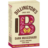 Billingtons Muscovado Sugar Natural Dark, unrefined dark sugar with rich flavor, ideal for baking and enhancing dishes.