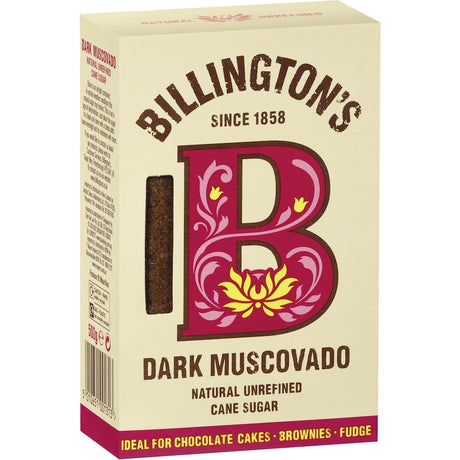 Billingtons Muscovado Sugar Natural Dark, unrefined dark sugar with rich flavor, ideal for baking and enhancing dishes.