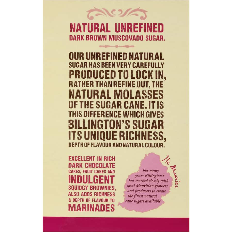 Billingtons Muscovado Sugar Natural Dark, rich molasses flavor, unrefined dark sugar perfect for baking and savory dishes.