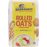 Harraways Oats Rolled in recyclable paper bag, featuring finely milled, toasted oats for a creamy, nutty breakfast.