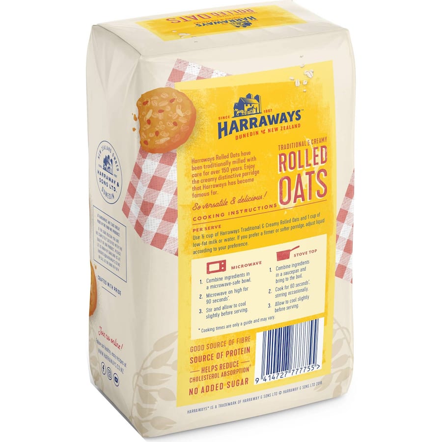 Harraways Oats Rolled in a recyclable paper bag, featuring finely milled, toasted oats for a creamy, nutty breakfast.