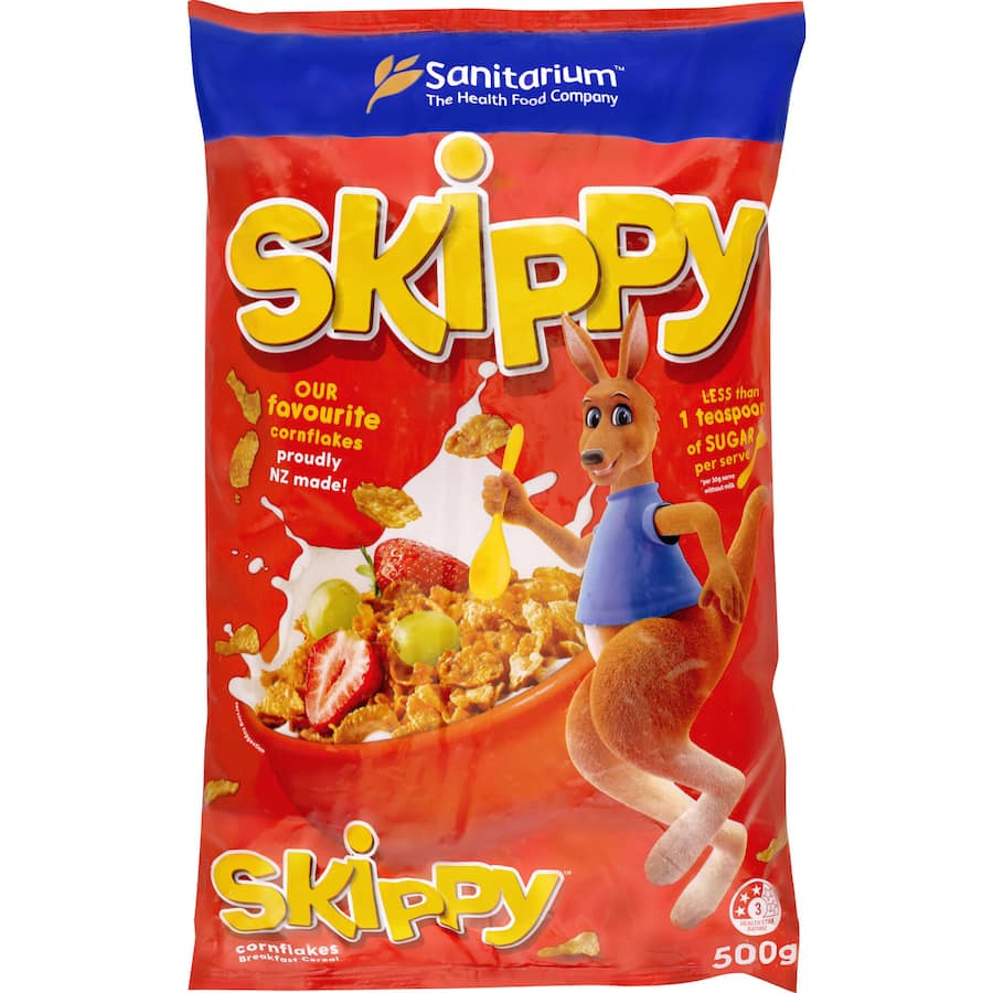 Bowl of Sanitarium Skippy Cereal Cornflakes, crispy, nutri-rich breakfast with essential vitamins, no artificial additives.