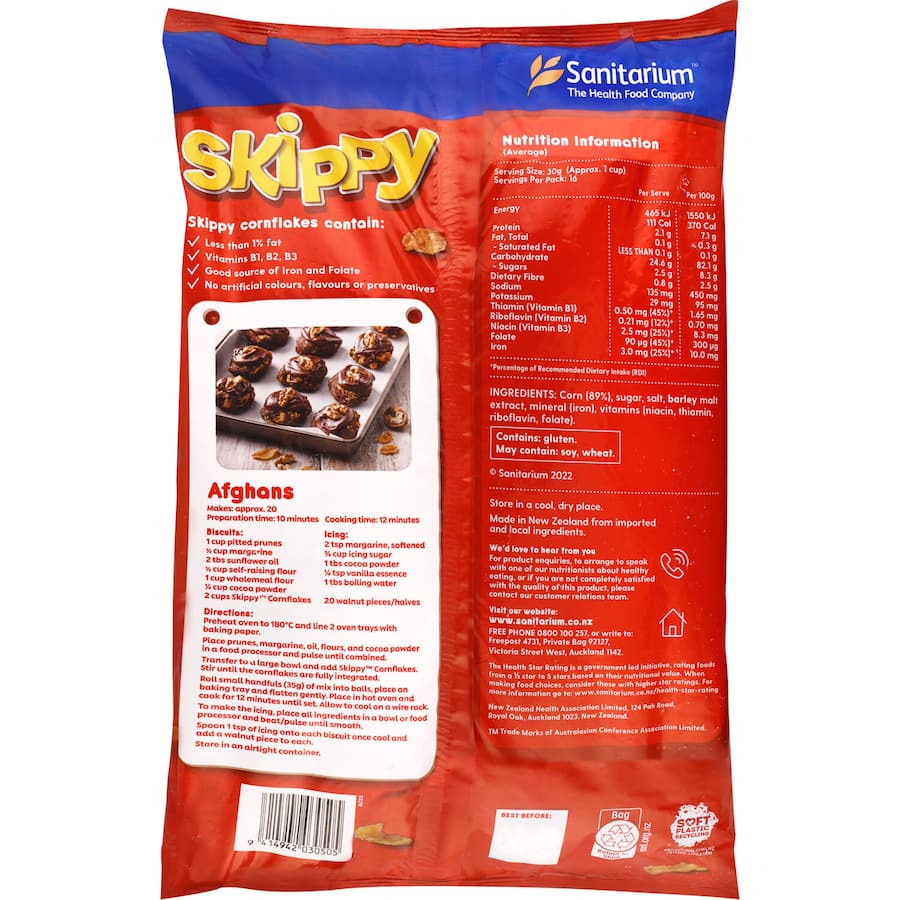 Crunchy Sanitarium Skippy Cornflakes, fortified with B vitamins and iron, perfect for a nutritious family breakfast.