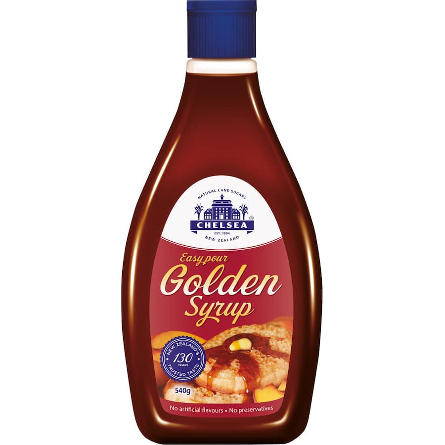 Golden Chelsea Syrup bottle, perfect for sweetening desserts like ice cream, pancakes, and toast.