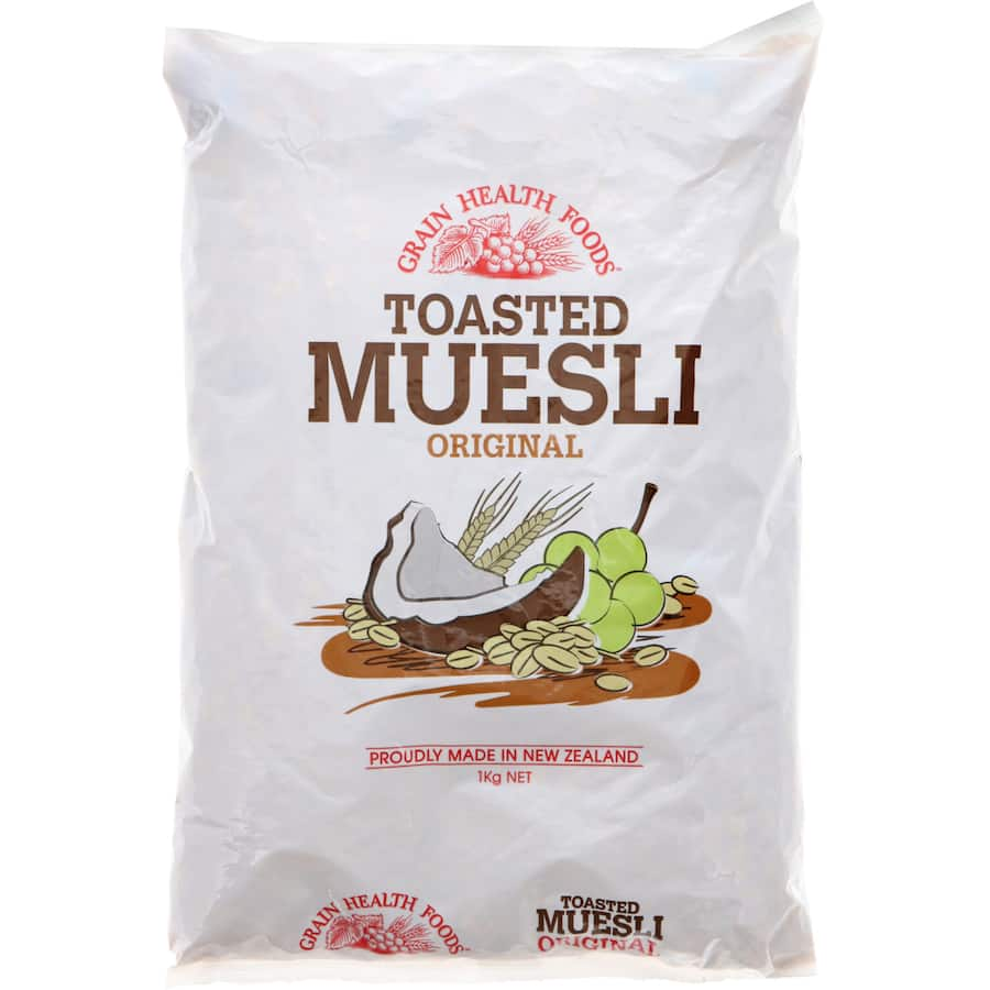 Toasted muesli blend with rolled oats, sultanas, honey, coconut, and nuts, offering a nutritious and crunchy breakfast option.