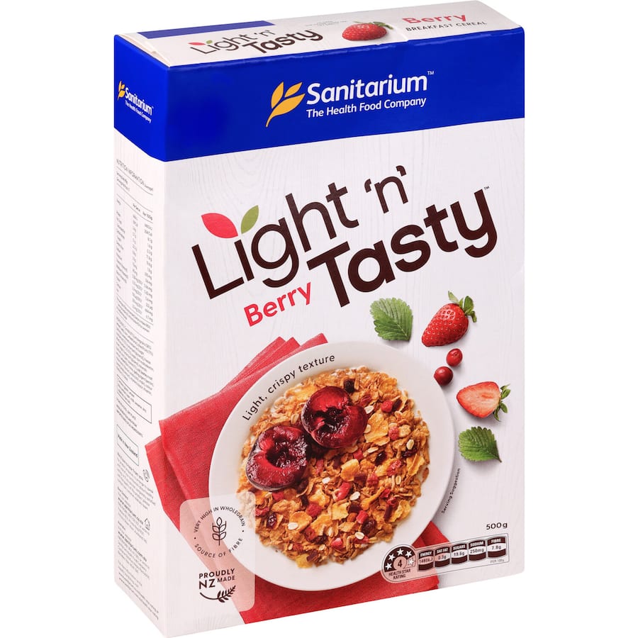 Sanitarium Light N Tasty Cereal with berry flavors, featuring real strawberries, blueberries, and raspberries in crispy flakes.