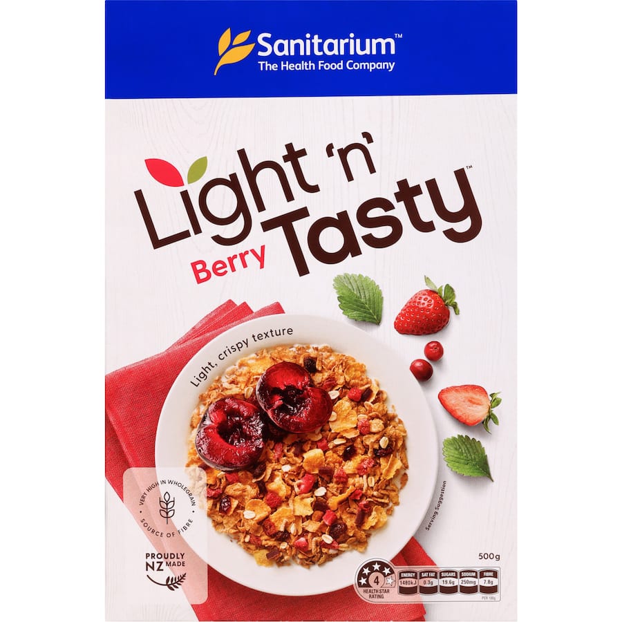 Sanitarium Light N Tasty Cereal with berries offers a crispy, flavorful breakfast rich in nutrients and low in fat.