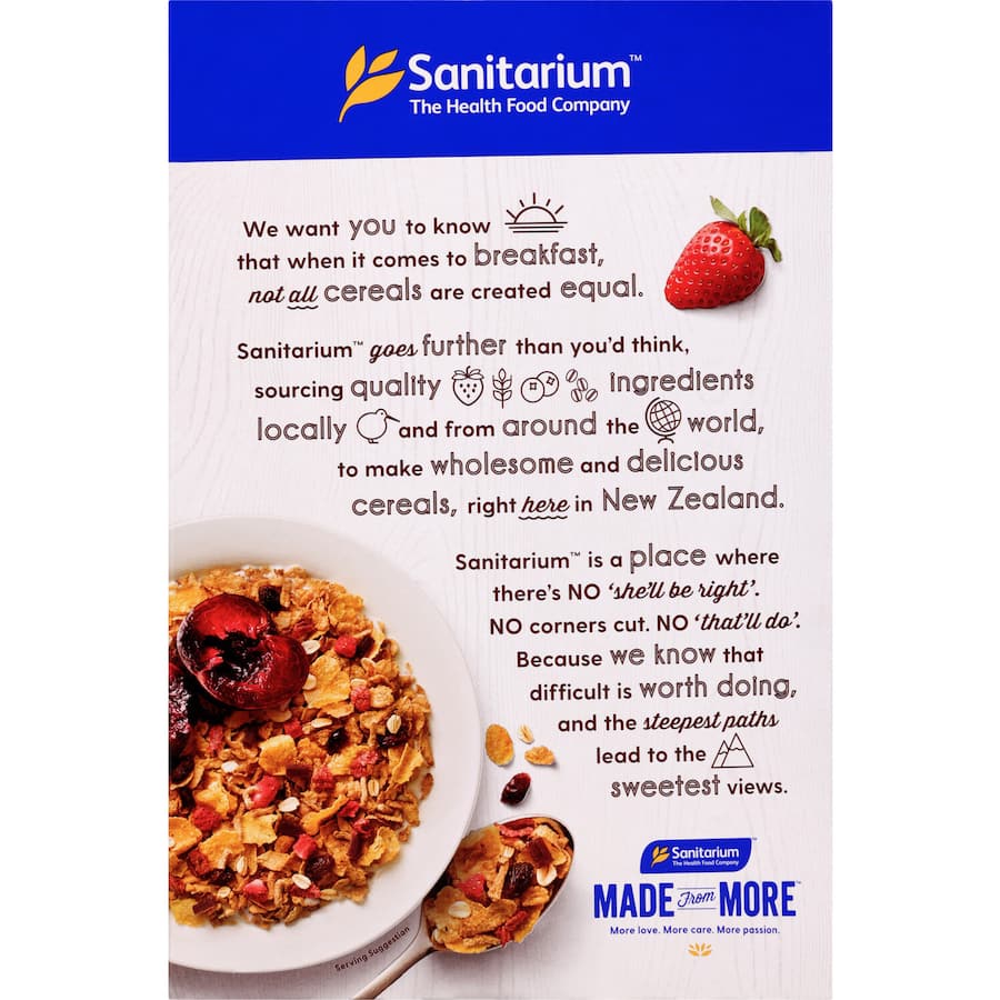 Sanitarium Light N Tasty Cereal with berry flavors and crispy texture, packed with strawberries, blueberries, and raspberries.