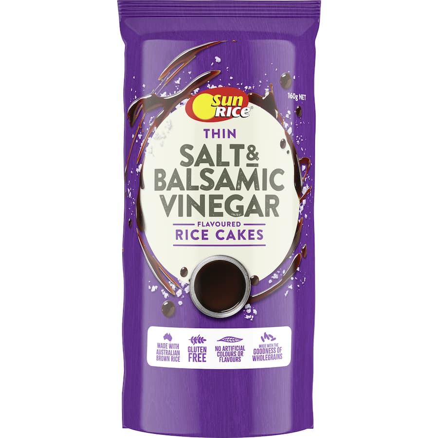 Crunchy Sunrice Thin Salt and Vinegar rice cakes made from Australian brown rice, perfect for a healthy, flavorful snack.