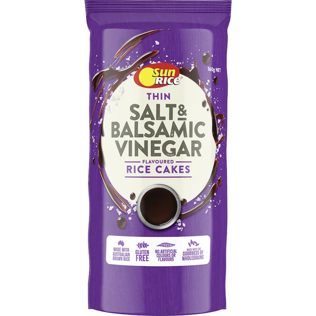Crunchy Sunrice Thin Salt and Vinegar rice cakes made from Australian brown rice, perfect for a healthy, flavorful snack.