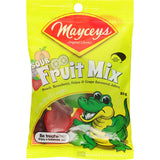 Colorful Mayceys Sweets Sour Fruit Mix featuring Sour Peach, Strawberry, Feijoa, and Grape jubes for a sweet and sour treat.