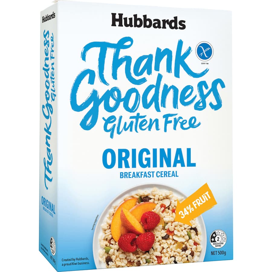 Hubbards Thank Goodness Cereal: gluten-free rice pops with fruit, seeds, and almonds for a nutritious breakfast or snack.