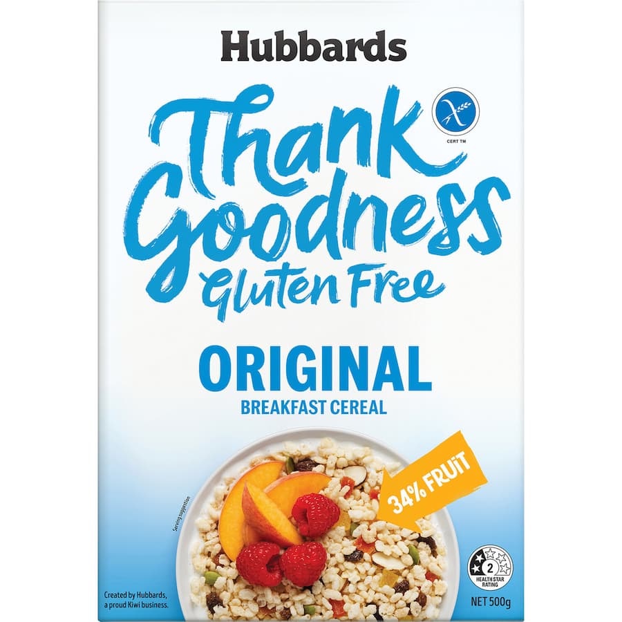 Hubbards Thank Goodness Cereal with gluten-free rice pops, fruit, seeds, and almonds for a nutritious breakfast or snack.