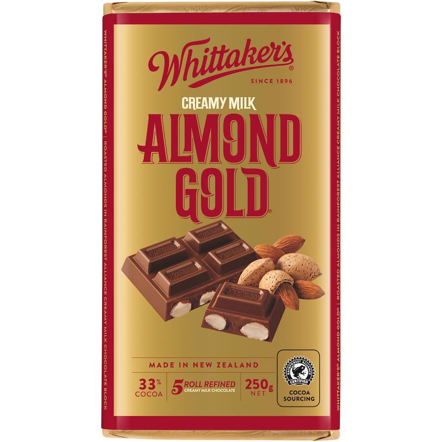 Whittaker's Chocolate Almond Gold block featuring creamy chocolate, roasted almonds, and a hint of caramel, 250g.