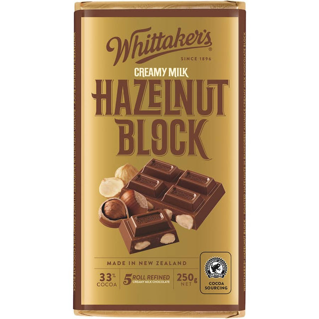 Whittaker's Chocolate Hazelnut bar featuring creamy milk chocolate and crunchy roasted hazelnuts, made in New Zealand.