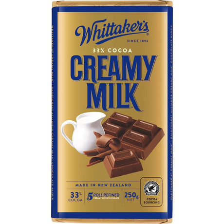 Whittaker's Chocolate Creamy Milk bar, 250g, featuring 33% cocoa, smooth milk chocolate, and caramel hints for indulgent snacking.