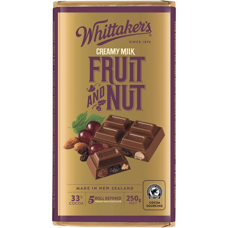 Whittaker's Chocolate Fruit & Nut: creamy milk chocolate with raisins, almonds, and a hint of caramel in a 250g block.