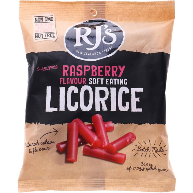 Soft and chewy Rj's Licorice infused with raspberry flavor, made from all-natural ingredients, gluten-free and vegetarian-friendly.