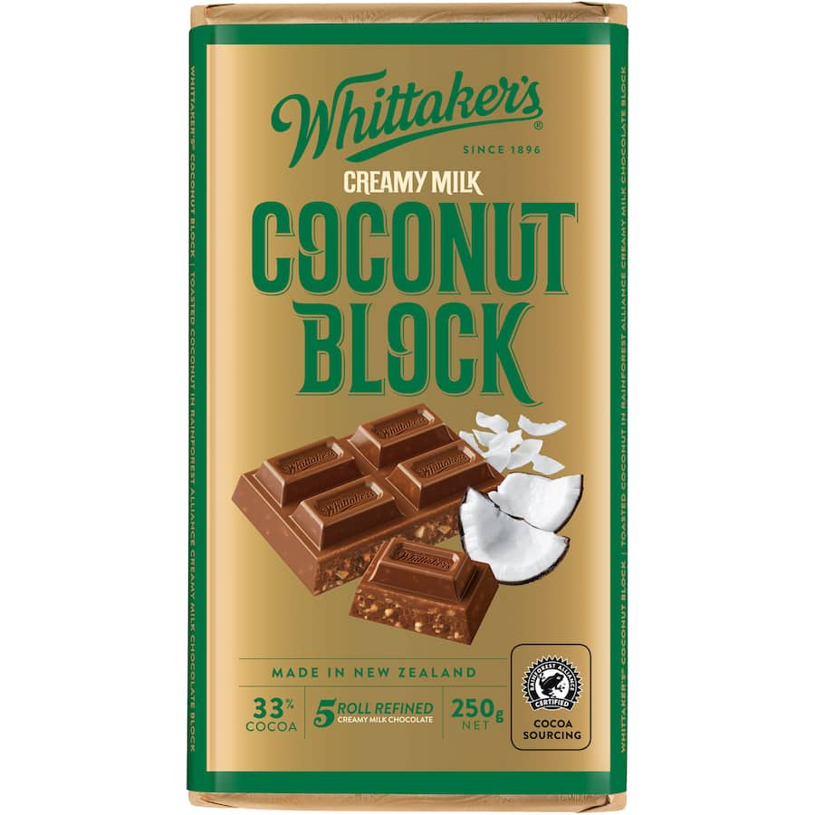 Whittaker's Chocolate Coconut: 250g block of creamy milk chocolate with toasted coconut and caramel notes.