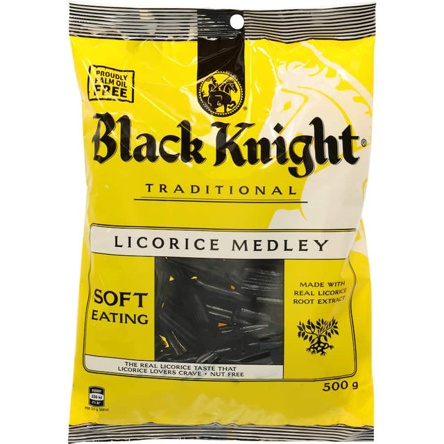 Traditional Black Knight Licorice Medley featuring rich flavors, gluten-free, no artificial ingredients, perfect for sharing.