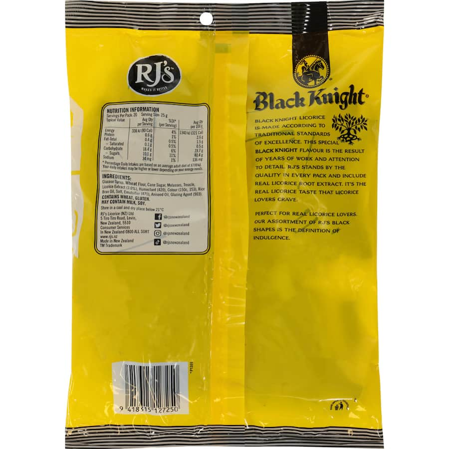 A bag of Black Knight Licorice Traditional Medley, showcasing rich flavors and gluten-free, authentic licorice delights.