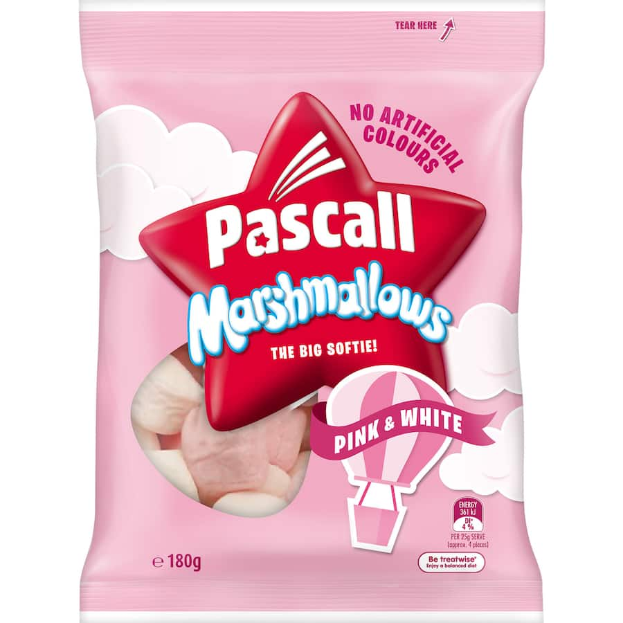 Pink and white Pascall marshmallows, fluffy and chewy, ideal for snacking, baking, or adding to hot cocoa.