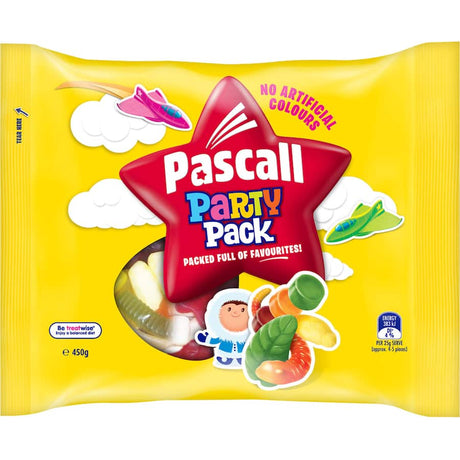 Vibrant Pascall Lollies Jumbo Party Pack featuring assorted chewy gummies and fruity treats for festive celebrations.