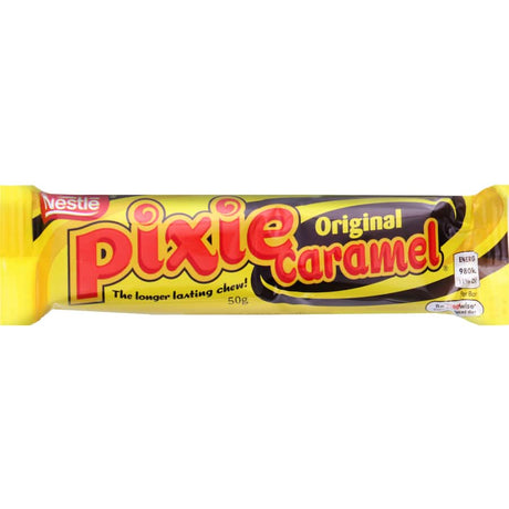 Delicious Nestle Pixie Caramel chocolate bar featuring rich chocolate and a soft, chewy caramel center. Perfect treat for sharing!