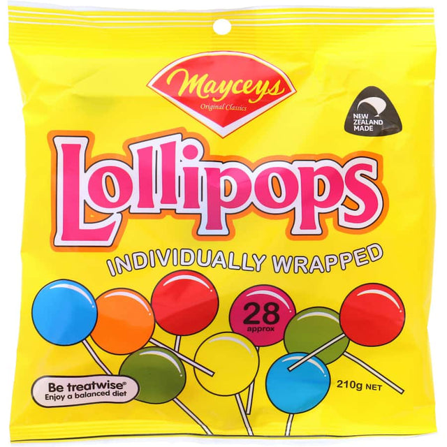 Colorful Mayceys Lollipops, individually wrapped, offer a variety of sweet flavors for any celebration or treat.