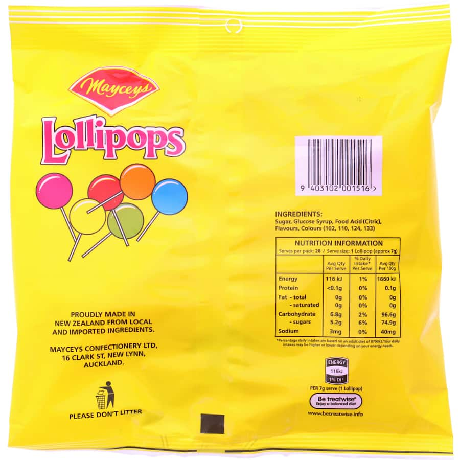 A pack of 28 colorful Mayceys Lollipops, individually wrapped for freshness and bursting with delicious flavors.