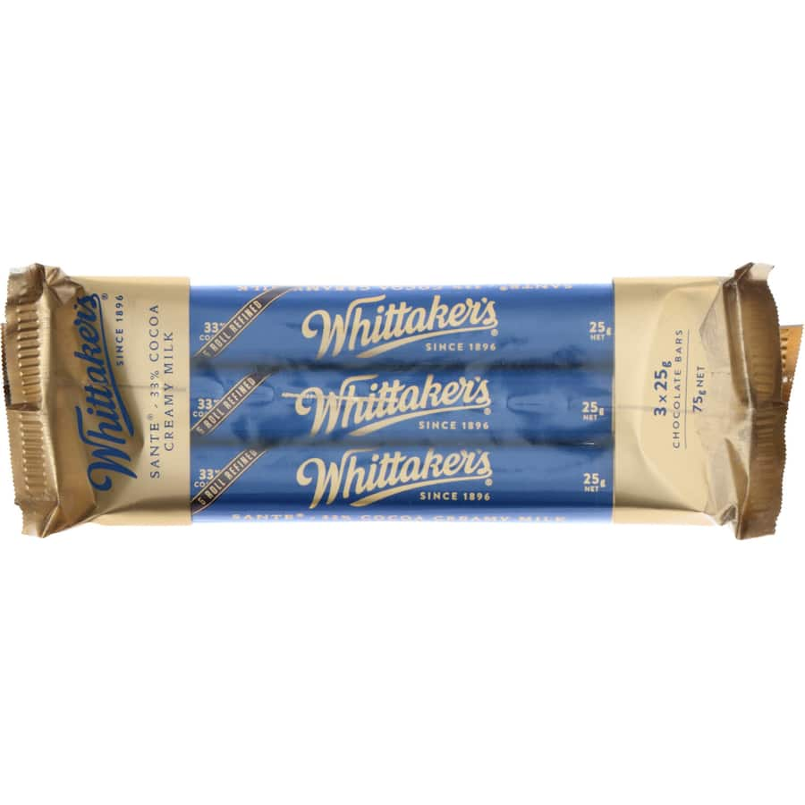 Whittaker's Milk Chocolate Bar, 33% cocoa, creamy with caramel, shareable 3-pack for indulgent snacking.