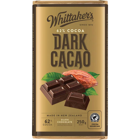 Rich 250g block of Whittaker's Dark Chocolate 62% cocoa, offering a perfect balance of sweetness and robust flavor.