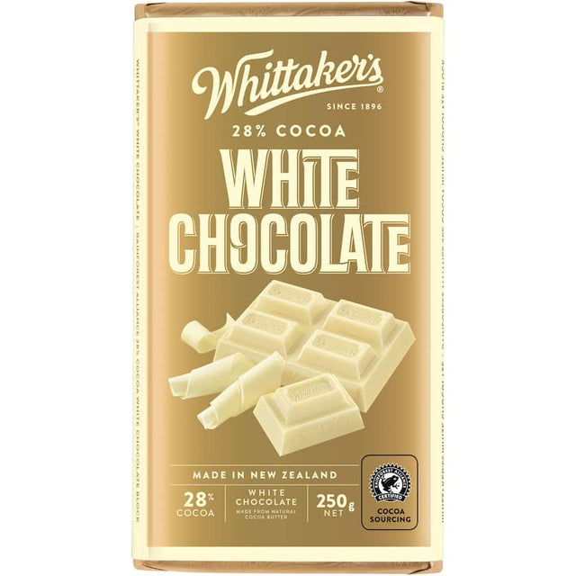 Creamy Whittaker's White Chocolate block with 28% cocoa and vanilla, ideal for indulgence and baking.