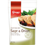 Greggs Stuffing Mix Sage & Onion in a zip lock pouch, perfect for adding flavor to turkey, chicken, or roasts.