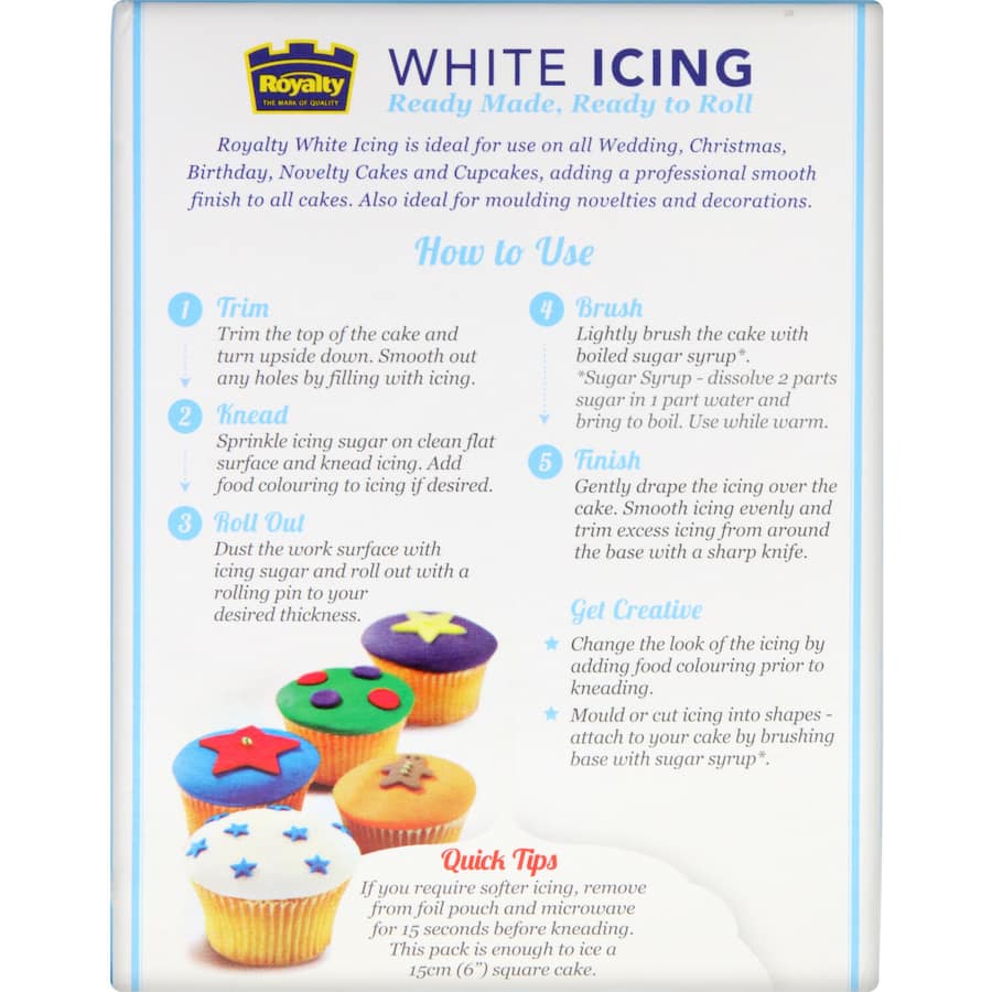 Soft white icing ideal for cake decoration, easy to roll, perfect for weddings, birthdays, and festive treats.