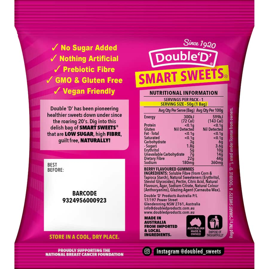 Colorful pack of Double D Jelly Sweets featuring berry-flavored, sugar-free jelly candies for guilt-free snacking.