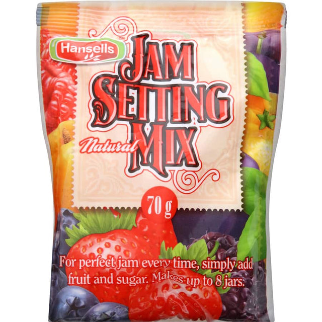 A packet of Hansells Jam Setting Mix, a pectin-based ingredient for making up to 8 cups of homemade jam effortlessly.